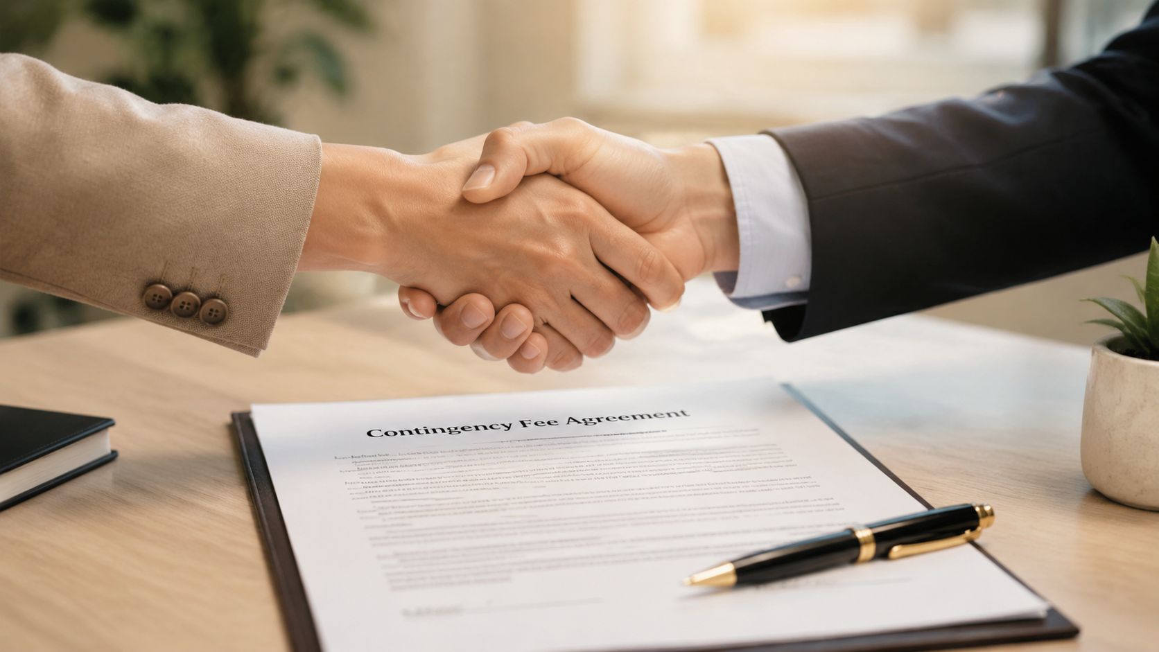 A professional handshake over a contingency fee agreement document on a wooden desk, symbolizing a legal contract.