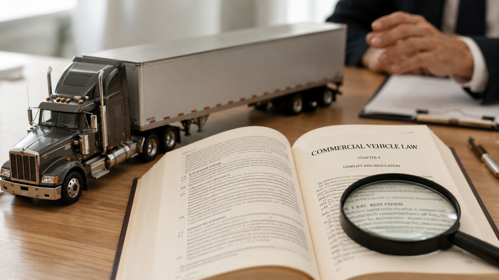 A miniature semi-truck, a law book on commercial vehicle regulations, and a magnifying glass on a desk.