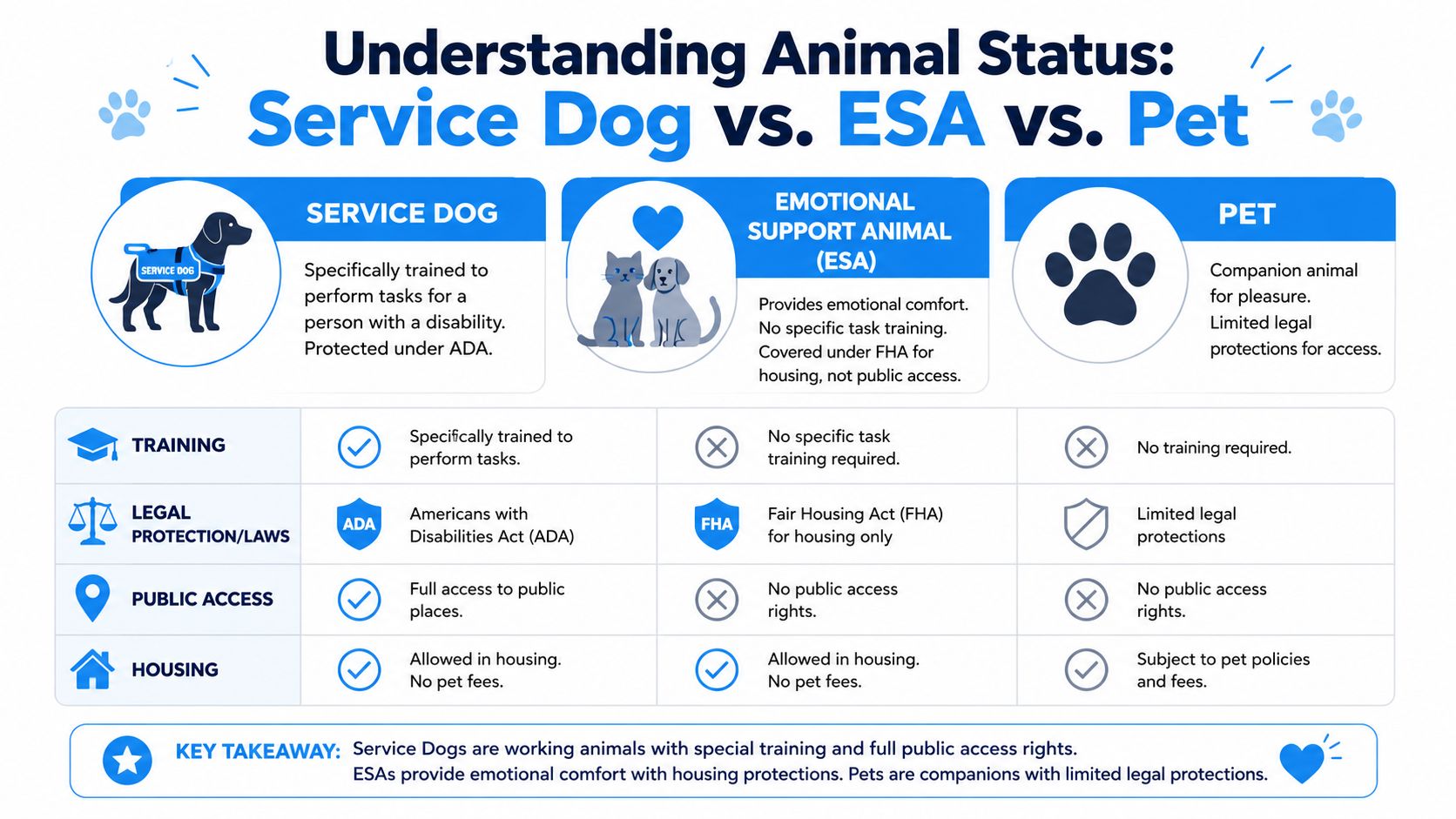 A comparison chart outlining the legal and training differences between service dogs, emotional support animals, and pets.
