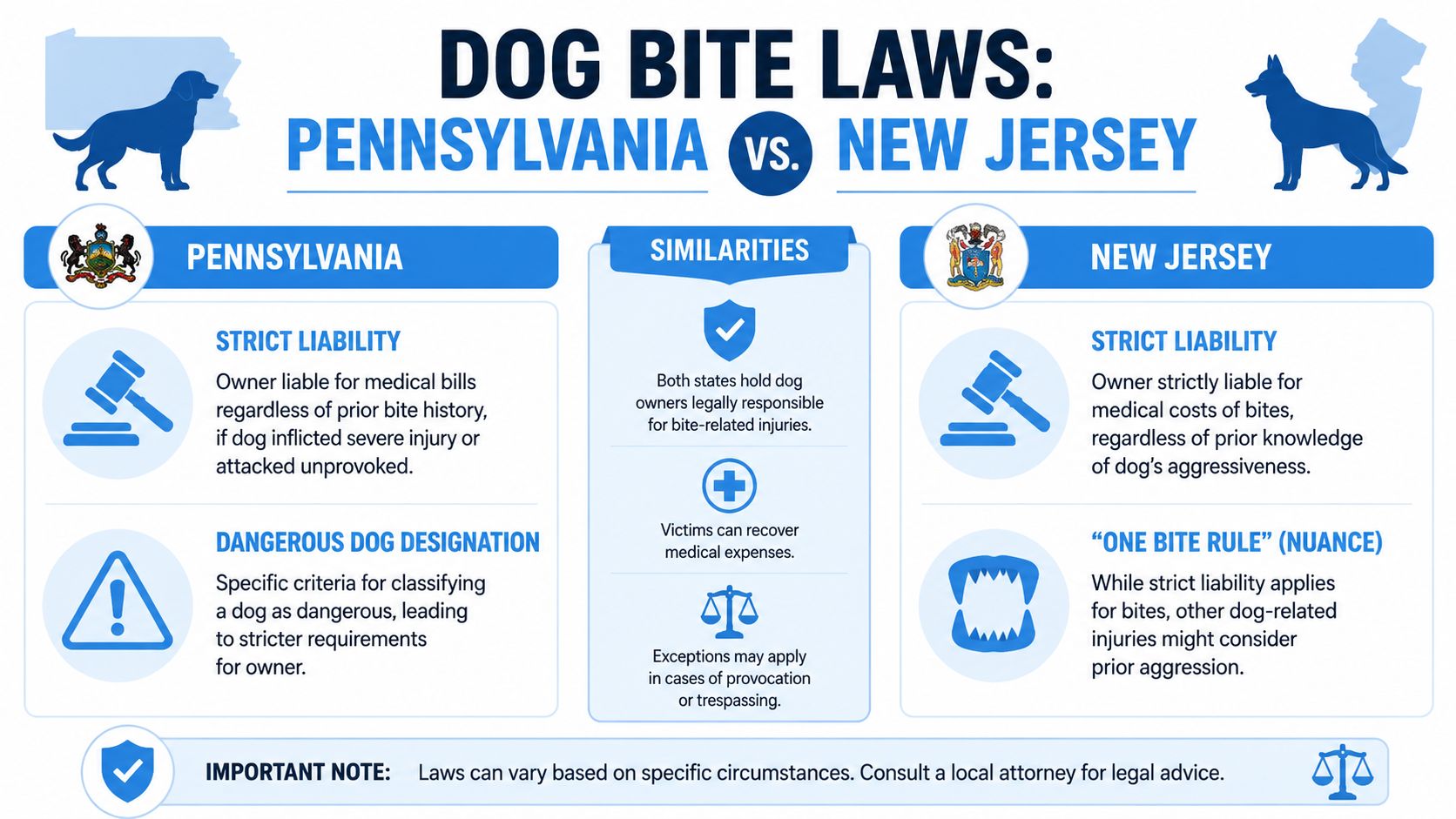 An infographic comparing dog bite laws and owner liability requirements in Pennsylvania and New Jersey states.