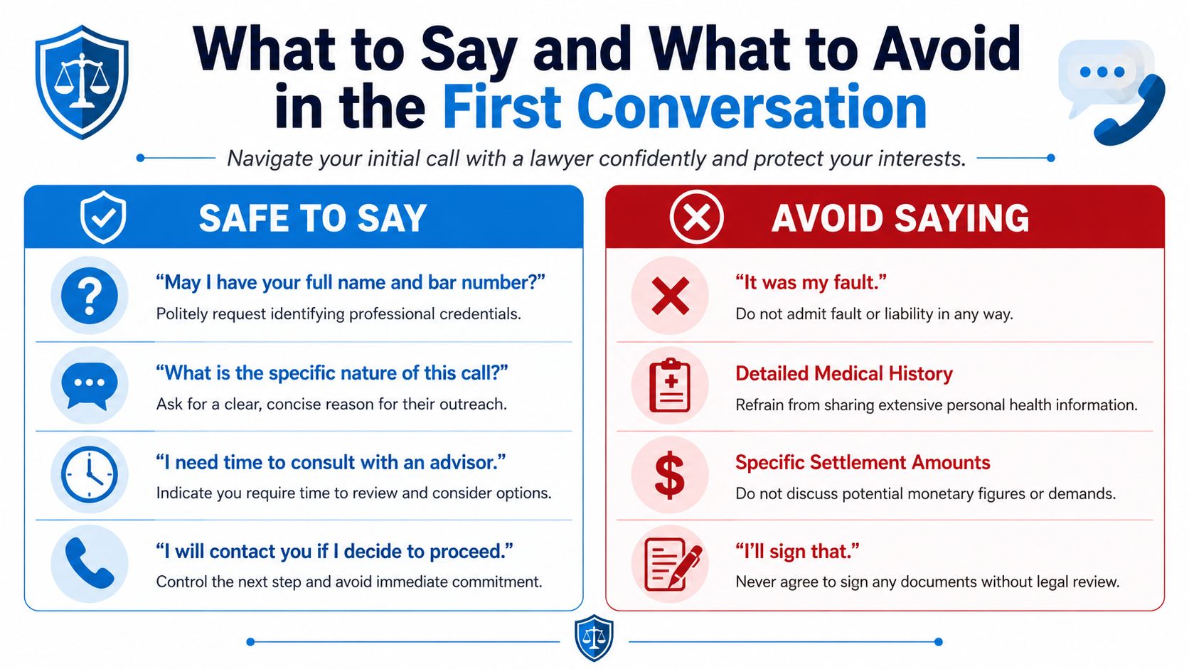 An infographic titled What to Say and What to Avoid in the First Conversation with a lawyer.