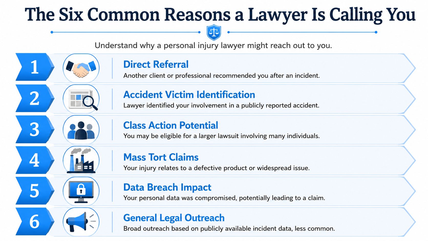 A graphic listing the six common reasons a personal injury lawyer might call you for legal representation.