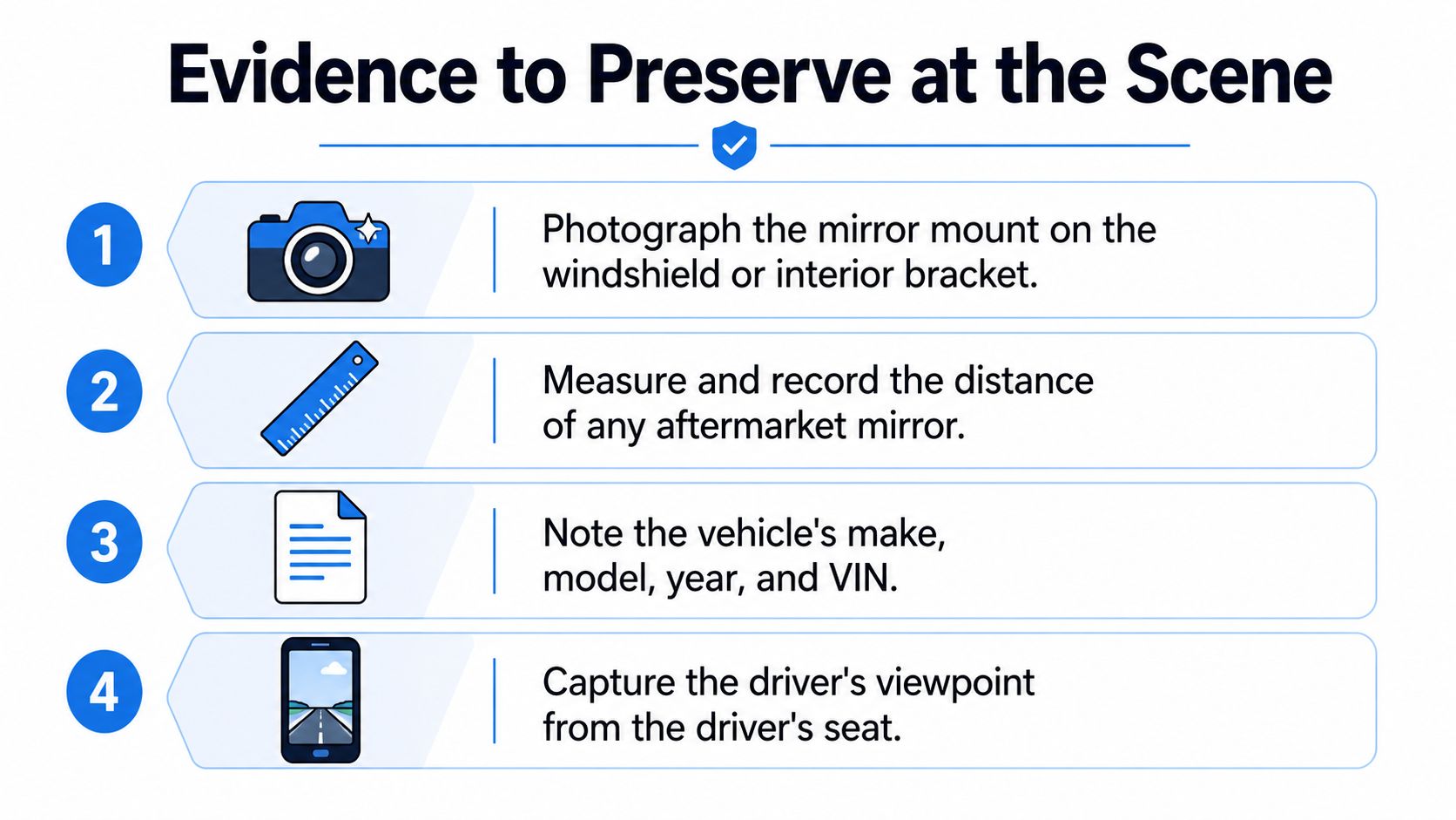 A checklist infographic listing four steps to collect evidence at a vehicle scene involving rear view mirrors.