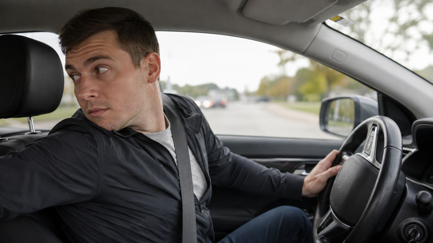 A male driver looking over his shoulder to check for blind spots while reversing his car.