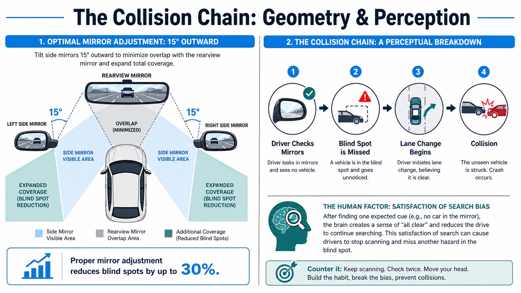 An infographic illustrating how to reduce car blind spots by adjusting side mirrors outward by fifteen degrees.