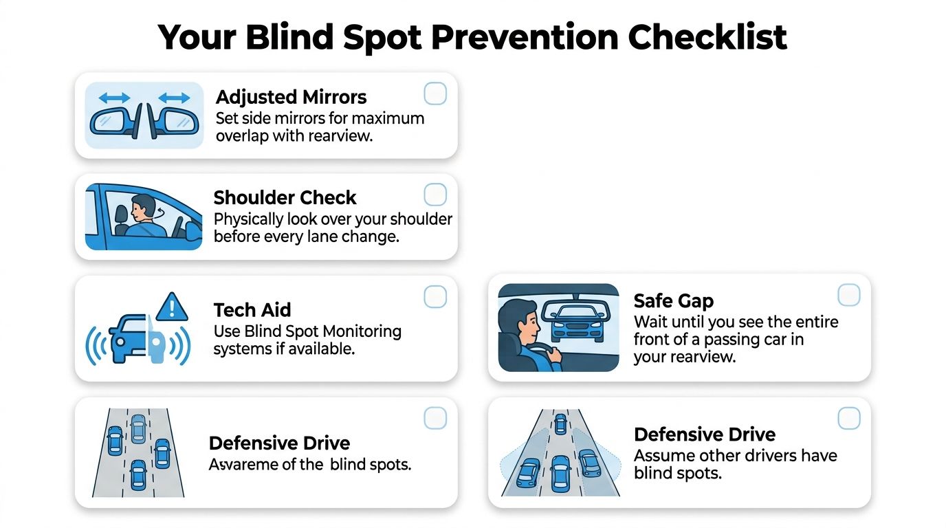 A checklist for drivers detailing essential safety steps to prevent car accidents caused by blind spots.