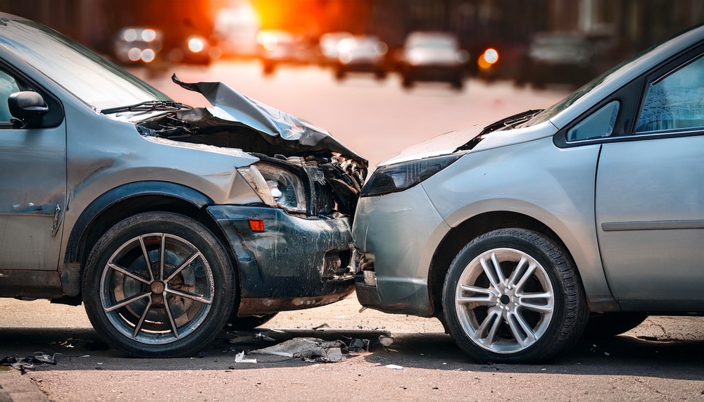 car crash of two badly damaged cars on the street
