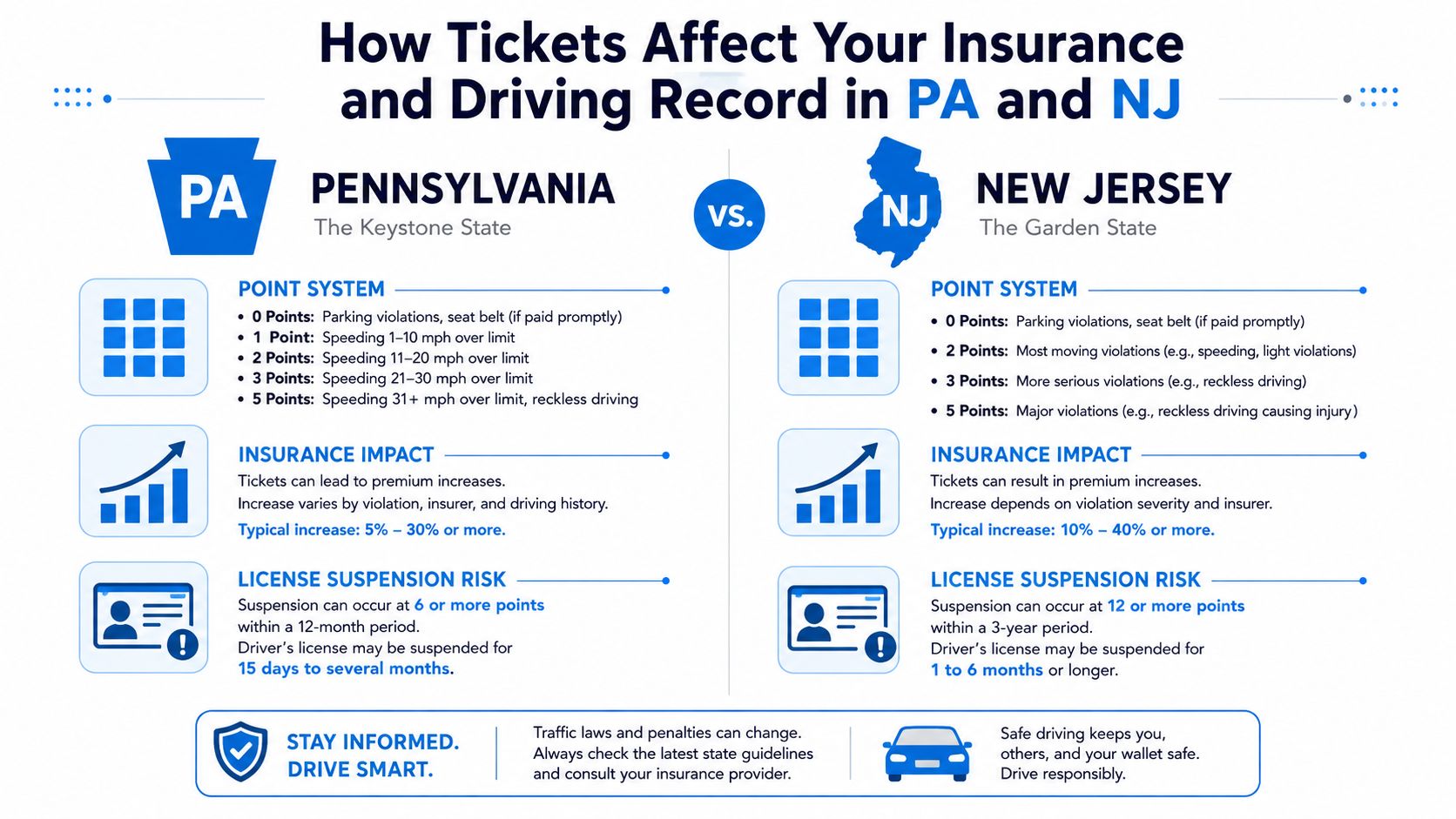 A comparison infographic detailing how traffic tickets affect insurance premiums and license points in Pennsylvania and New Jersey.