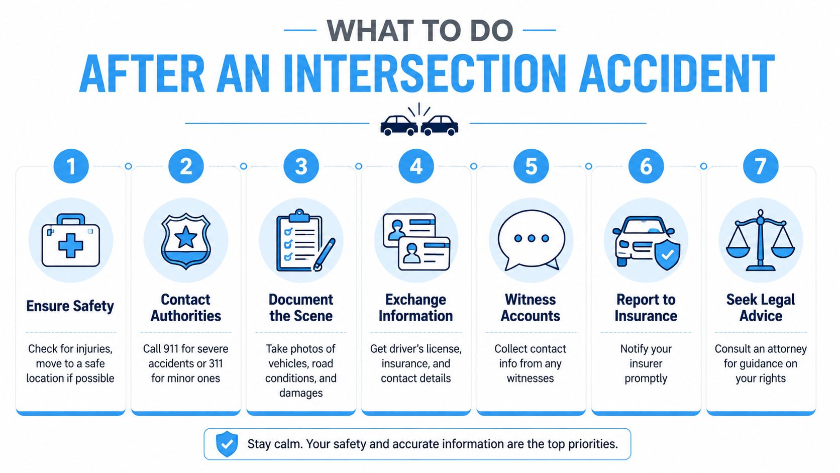 A seven-step instructional infographic titled What To Do After An Intersection Accident, guiding drivers through necessary post-accident actions.