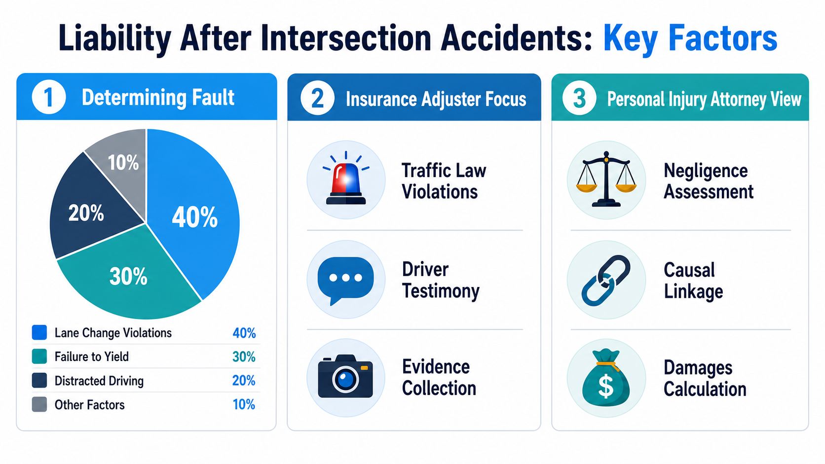 A diagram outlining key factors for determining liability and fault after intersection traffic accidents.