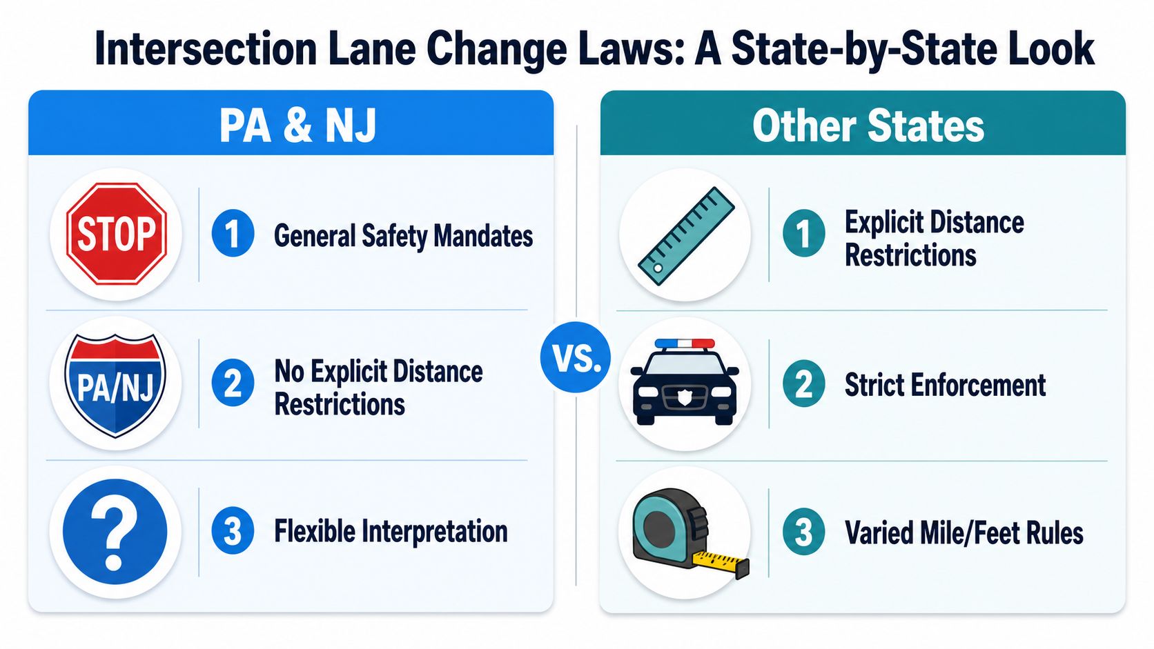A comparison chart showing differences in intersection lane change laws between Pennsylvania, New Jersey, and other US states.