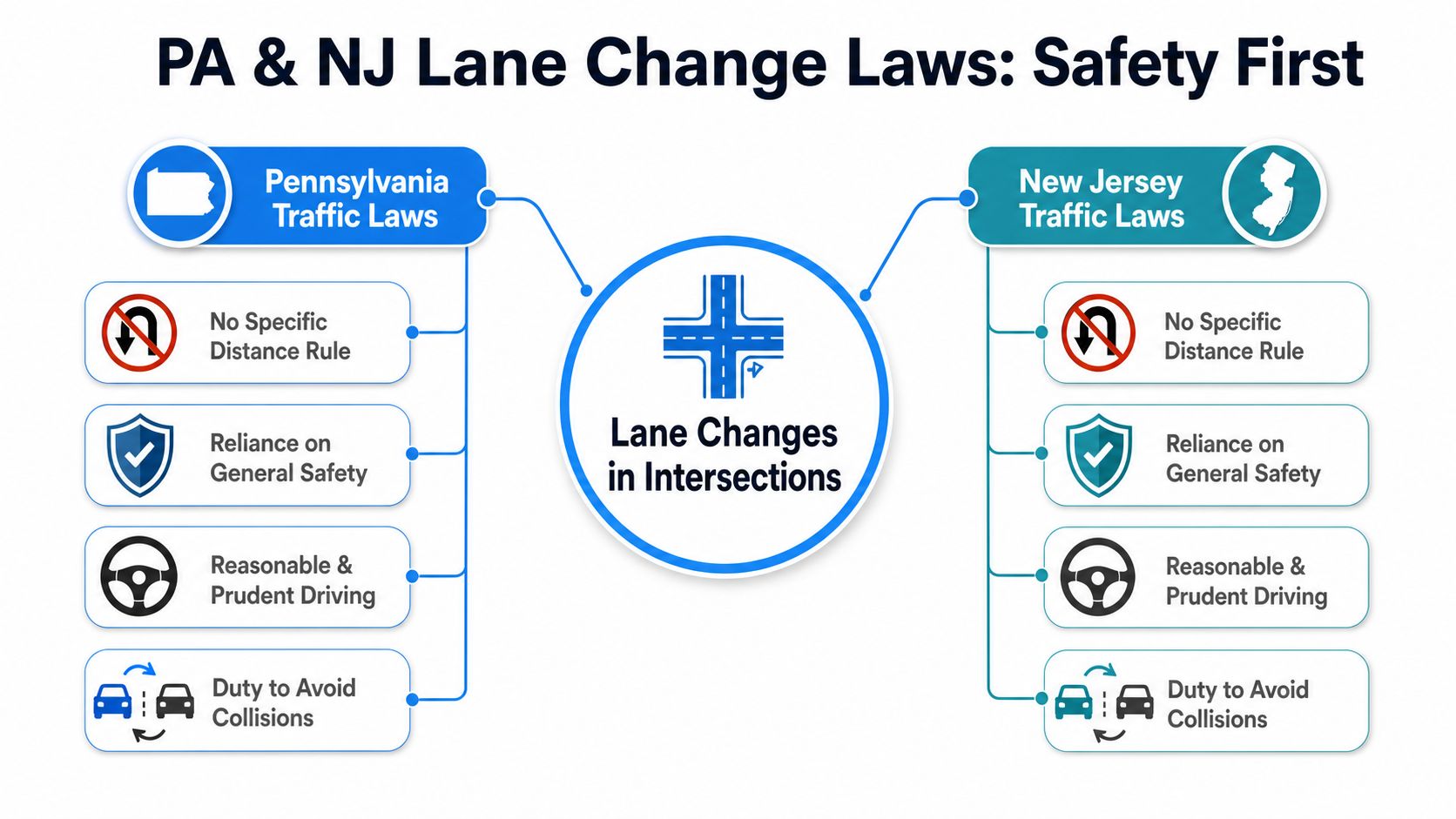 An infographic comparing lane change traffic laws in Pennsylvania and New Jersey for intersections.
