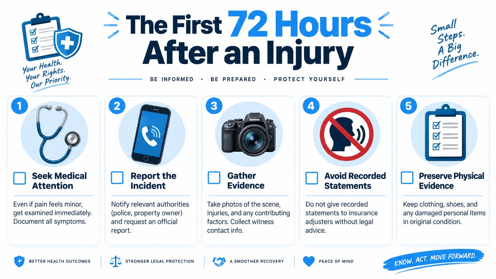 An infographic titled The First 72 Hours After an Injury, outlining five essential steps for personal injury claims.