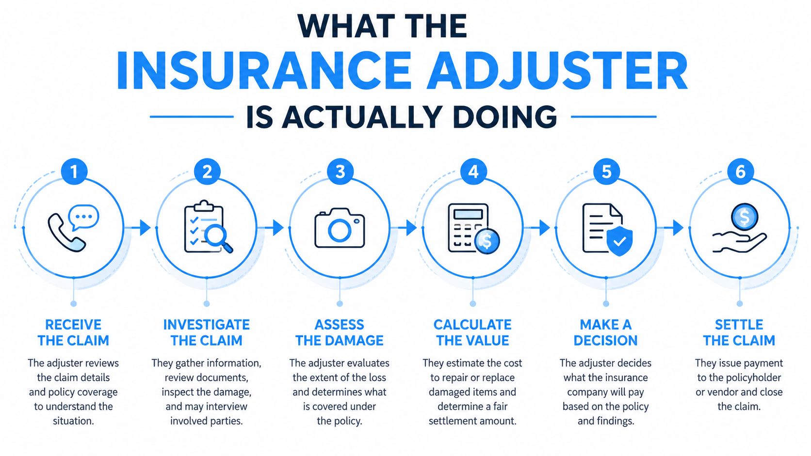 A six-step infographic illustrating the professional insurance adjuster claim processing workflow from receiving to settling.